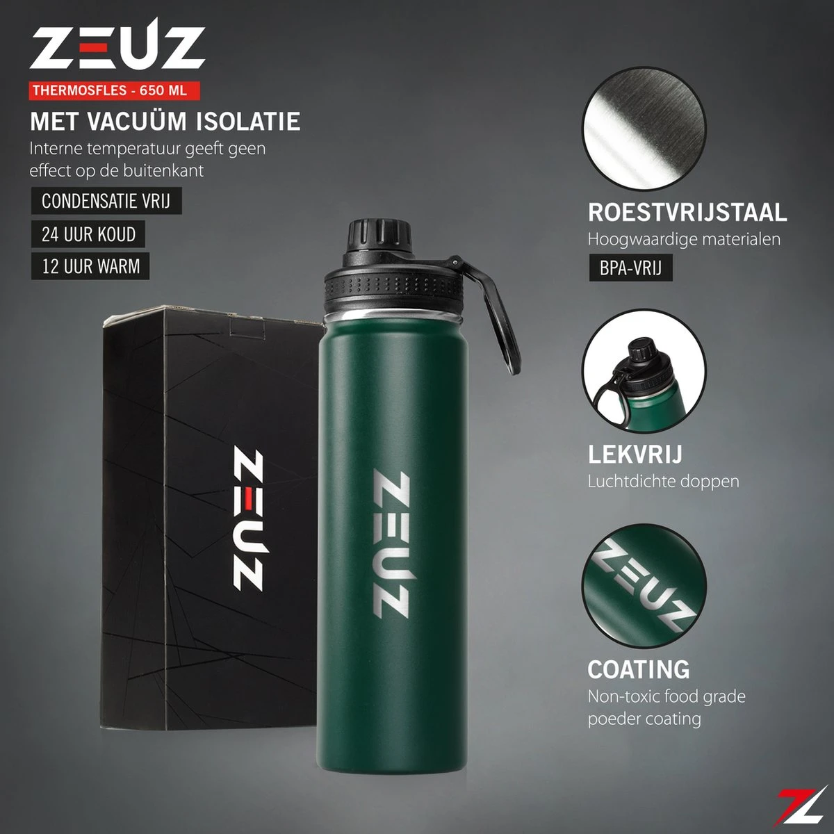 ZEUZ® Premium RVS Thermosfles & Drinkfles – Waterfles Met Rietje - BPA Vrij – 700 Ml - Mat Groen 4 ZEUZ® Premium RVS Thermosfles & Drinkfles – Waterfles Met Rietje - BPA Vrij – 700 Ml - Mat Groen - Afbeelding 2